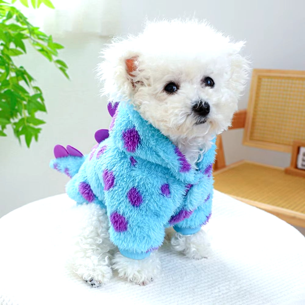 Pet Clothing Cat Dog Thickened Warm Blue Dinosaur Hooded Coat with Drawstring Buckle Animal Supplies