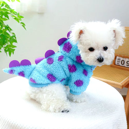 Pet Clothing Cat Dog Thickened Warm Blue Dinosaur Hooded Coat with Drawstring Buckle Animal Supplies